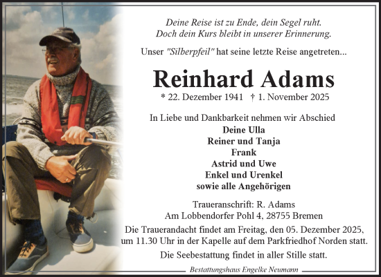 Traueranzeige von Reinhard Adams von Ostfriesischer Kurier