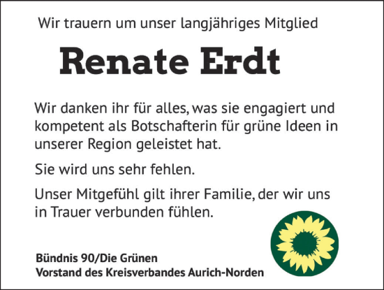Traueranzeige von Renate Erdt von Ostfriesischer Kurier