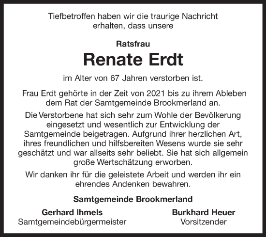 Traueranzeige von Renate Erdt von Ostfriesischer Kurier