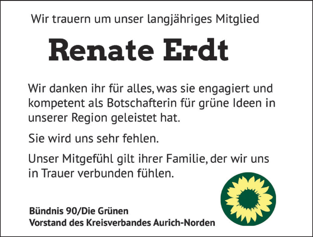  Traueranzeige für Renate Erdt vom 07.11.2025 aus Ostfriesischer Kurier