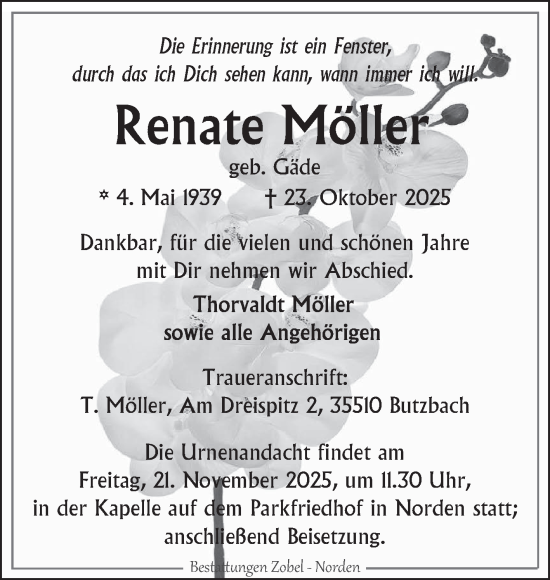 Traueranzeige von Renate Möller von Ostfriesischer Kurier