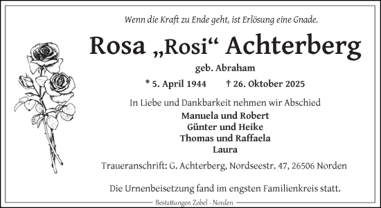 Traueranzeige von Rosa Achterberg von Ostfriesischer Kurier