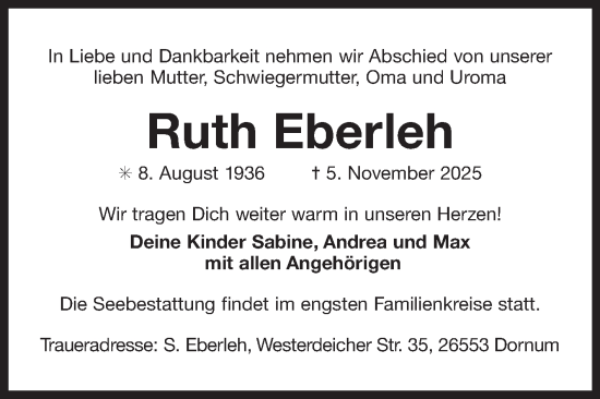 Traueranzeige von Ruth Eberleh von Ostfriesischer Kurier