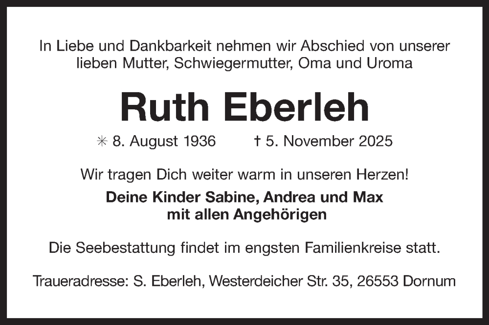  Traueranzeige für Ruth Eberleh vom 22.11.2025 aus Ostfriesischer Kurier