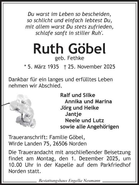 Traueranzeige von Ruth Göbel von Ostfriesischer Kurier