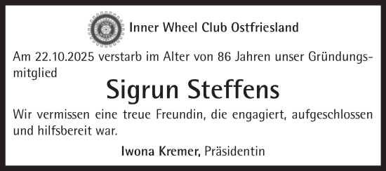 Traueranzeige von Sigrun Steffens von Ostfriesischer Kurier