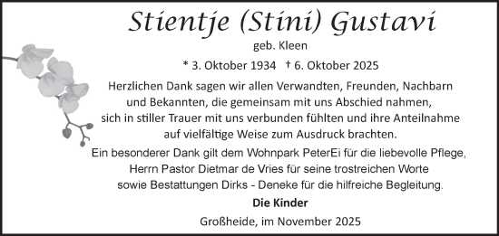 Traueranzeige von Stientje Gustavi von Ostfriesischer Kurier