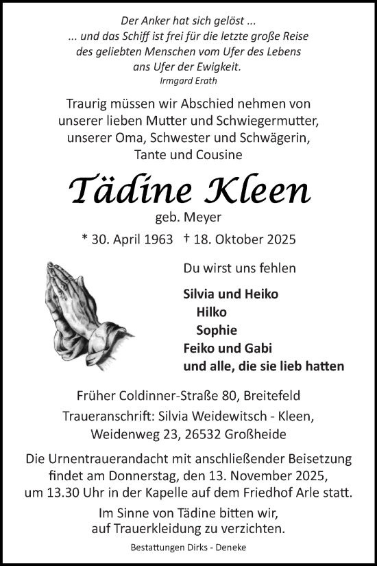 Traueranzeige von Tädine Kleen von Ostfriesischer Kurier