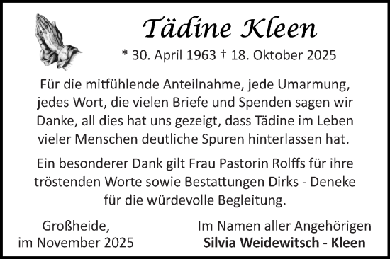 Traueranzeige von Tädine Kleen von Ostfriesischer Kurier