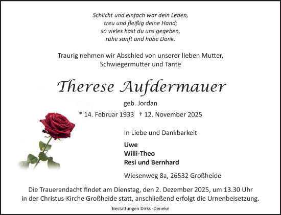 Traueranzeige von Therese Aufdermauer von Ostfriesischer Kurier