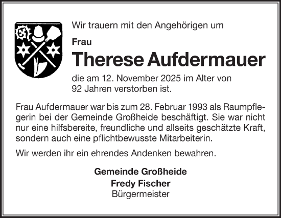 Traueranzeige von Therese Aufdermauer von Ostfriesischer Kurier