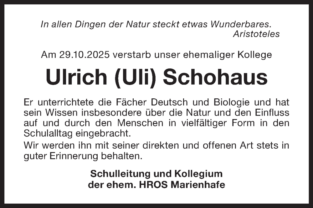 Traueranzeige für Ulrich Schohaus vom 08.11.2025 aus Ostfriesischer Kurier