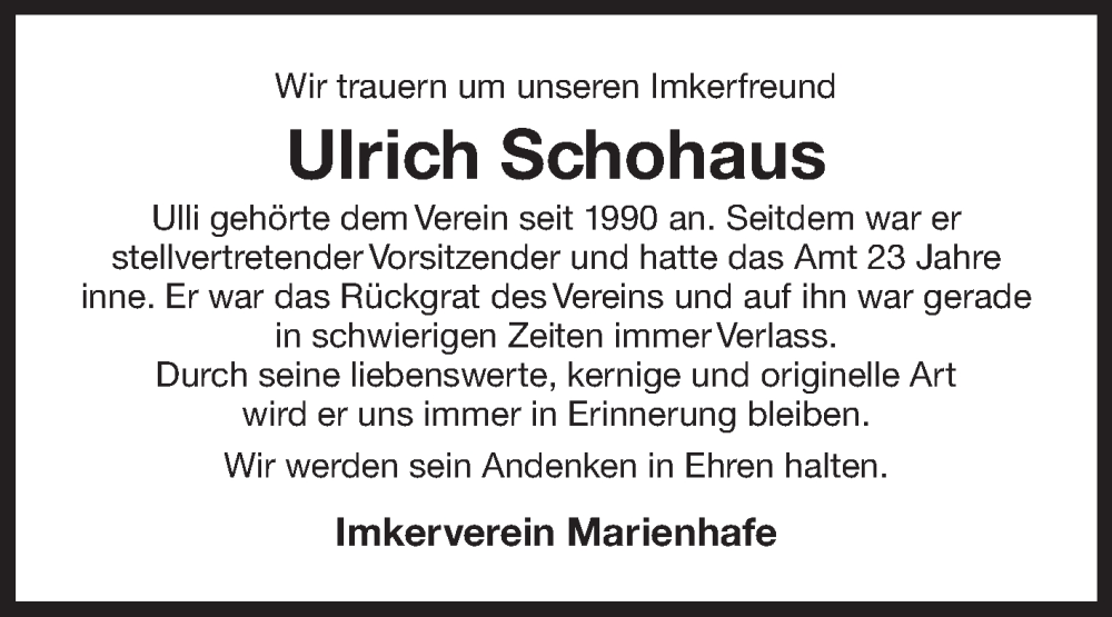  Traueranzeige für Ulrich Schohaus vom 08.11.2025 aus Ostfriesischer Kurier