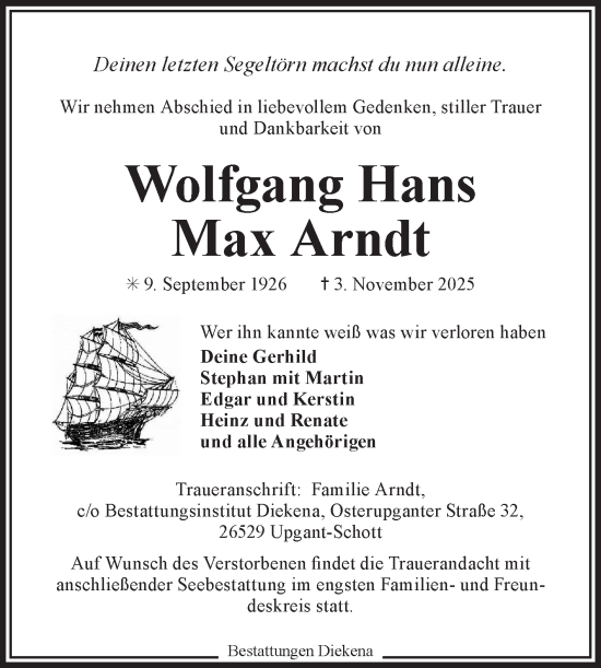 Traueranzeige von Wolfgang Hans Max Arndt von Ostfriesischer Kurier