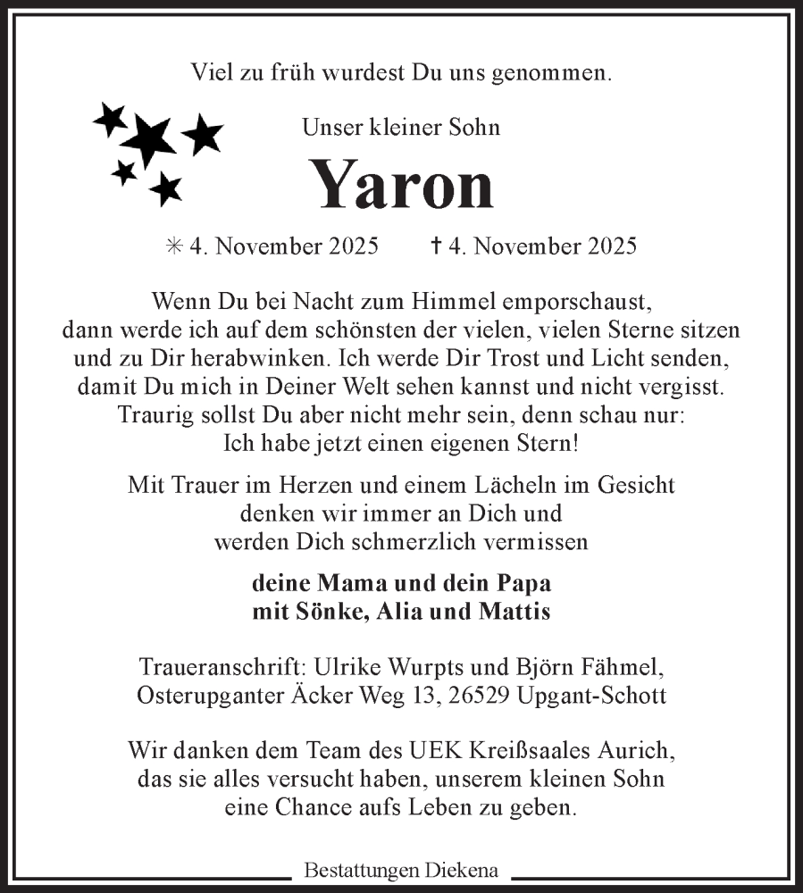  Traueranzeige für Yaron  vom 15.11.2025 aus Ostfriesischer Kurier