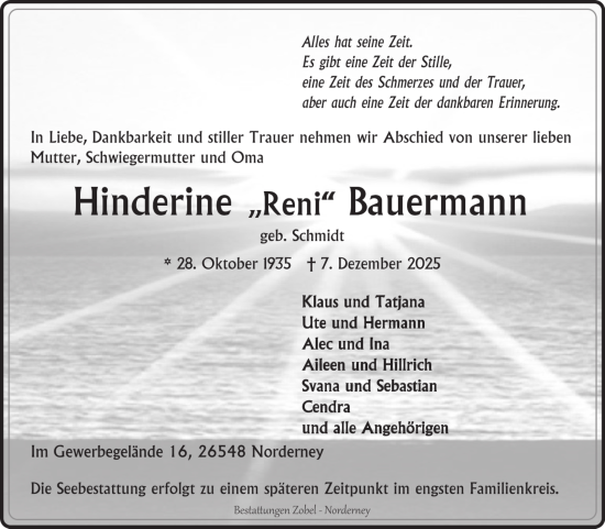 Traueranzeige von Hinderine Bauermann von Ostfriesischer Kurier