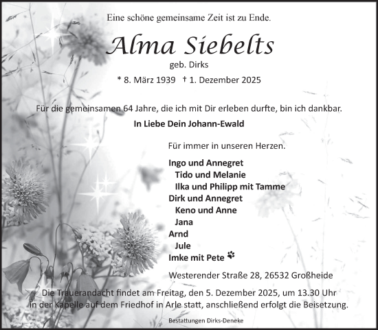Traueranzeige von Alma Siebelts von Ostfriesischer Kurier