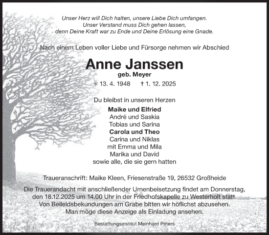 Traueranzeige von Anne Janssen von Ostfriesischer Kurier