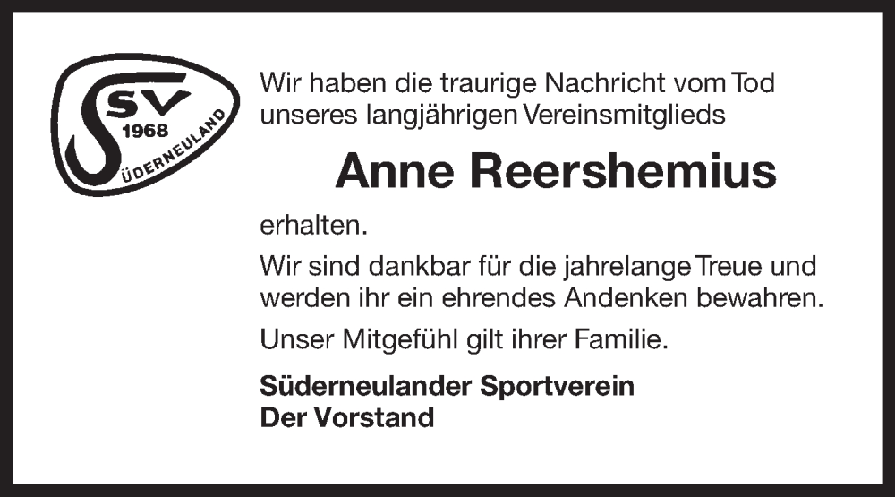  Traueranzeige für Anne Reershemius vom 10.12.2025 aus Ostfriesischer Kurier
