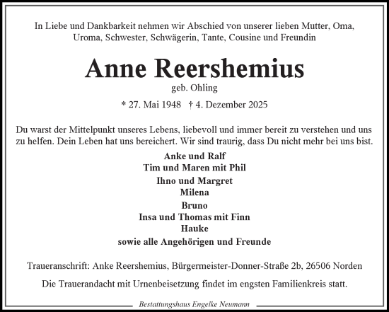 Traueranzeige von Anne Reershemius von Ostfriesischer Kurier