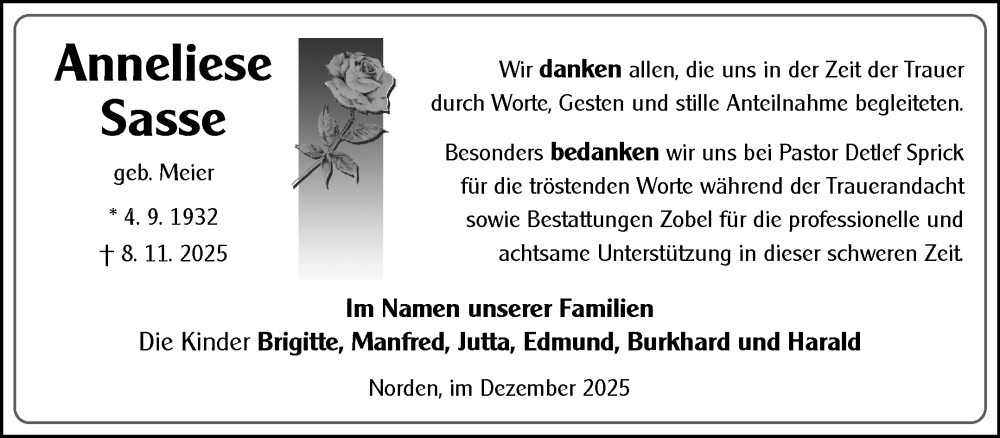  Traueranzeige für Anneliese Sasse vom 20.12.2025 aus Ostfriesischer Kurier