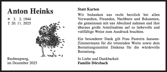 Traueranzeige von Anton Heinks von Ostfriesischer Kurier