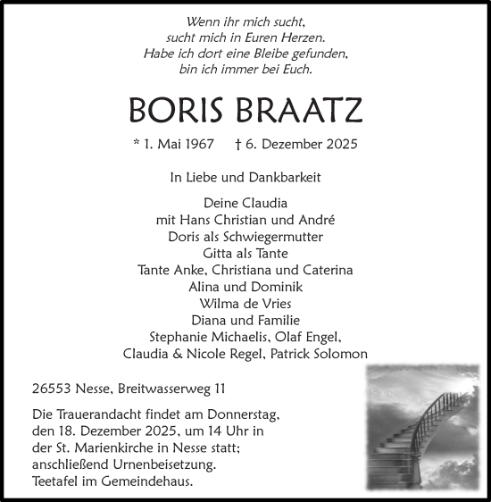 Traueranzeige von Boris Braatz von Ostfriesischer Kurier