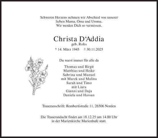 Traueranzeige von Christa DAddia von Ostfriesischer Kurier