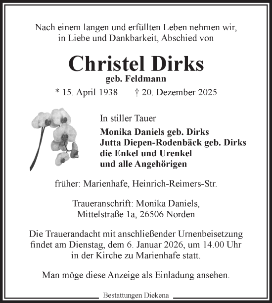 Traueranzeige von Christel Dirks von Ostfriesischer Kurier