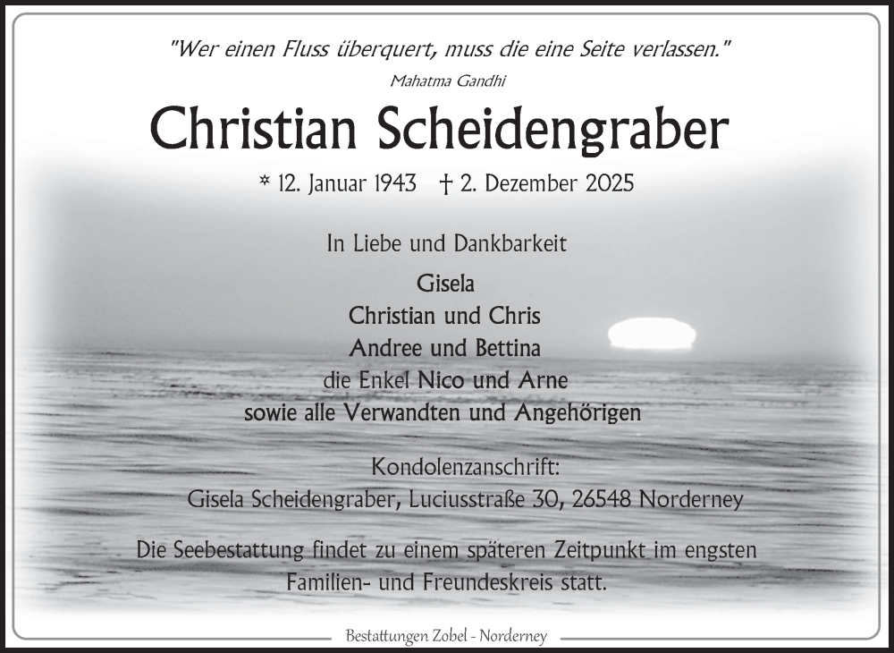 Traueranzeige für Christian Scheidengraber vom 16.12.2025 aus Ostfriesischer Kurier