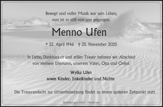 Traueranzeige von Menno Ufen von Ostfriesischer Kurier
