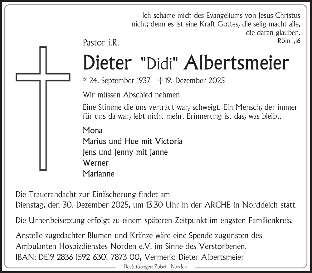  Traueranzeige für Dieter Albertsmeier vom 23.12.2025 aus Ostfriesischer Kurier
