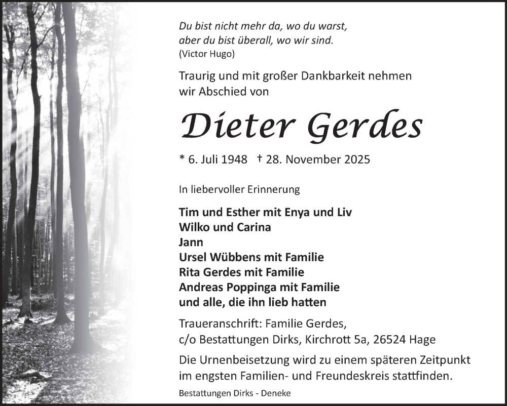  Traueranzeige für Dieter Gerdes vom 06.12.2025 aus Ostfriesischer Kurier