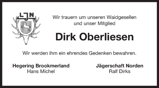Traueranzeige von Dirk Oberliesen von Ostfriesischer Kurier