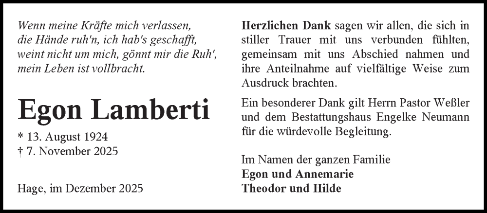  Traueranzeige für Egon Lamberti vom 13.12.2025 aus Ostfriesischer Kurier