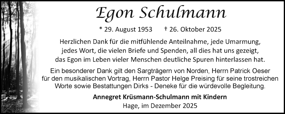  Traueranzeige für Egon Schulmann vom 13.12.2025 aus Ostfriesischer Kurier