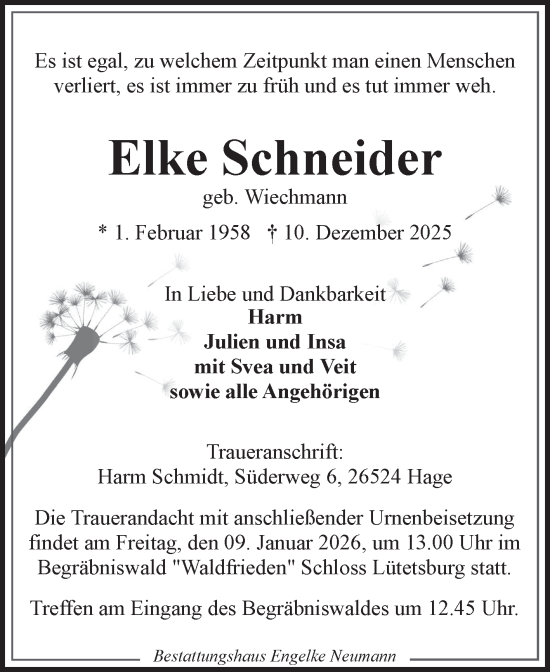 Traueranzeige von Elke Schneider von Ostfriesischer Kurier
