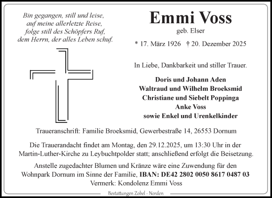 Traueranzeige von Emmi Voss von Ostfriesischer Kurier