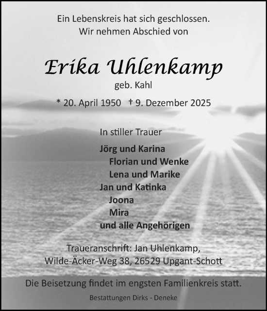 Traueranzeige von Erika Uhlenkamp von Ostfriesischer Kurier