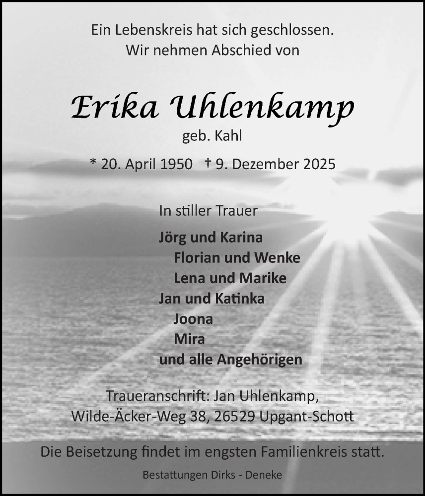 Traueranzeige für Erika Uhlenkamp vom 13.12.2025 aus Ostfriesischer Kurier