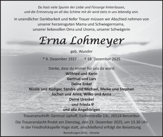 Traueranzeige von Erna Lohmeyer von Ostfriesischer Kurier