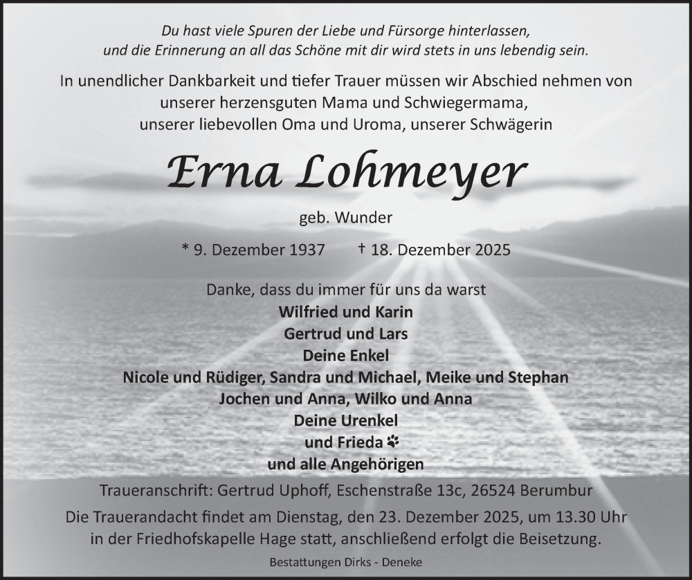  Traueranzeige für Erna Lohmeyer vom 20.12.2025 aus Ostfriesischer Kurier