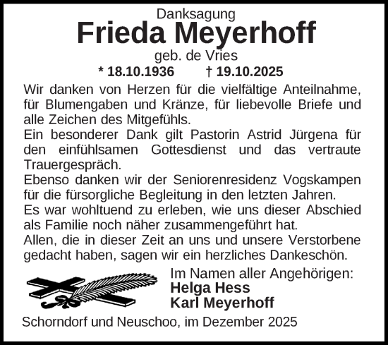 Traueranzeige von Frieda Meyerhoff von Ostfriesischer Kurier