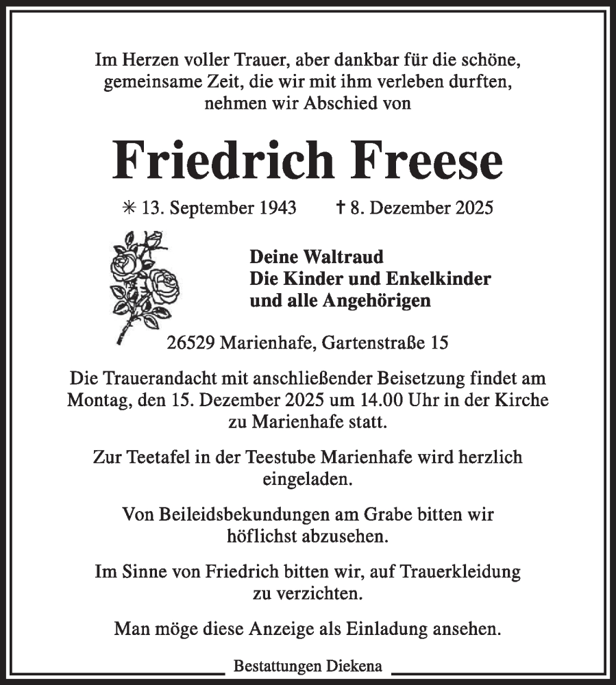  Traueranzeige für Friedrich Freese vom 10.12.2025 aus Ostfriesischer Kurier