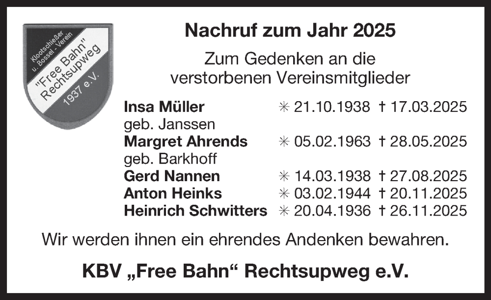  Traueranzeige für Gerd Nannen vom 27.12.2025 aus Ostfriesischer Kurier