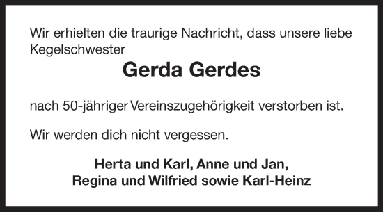 Traueranzeige von Gerda Gerdes von Ostfriesischer Kurier