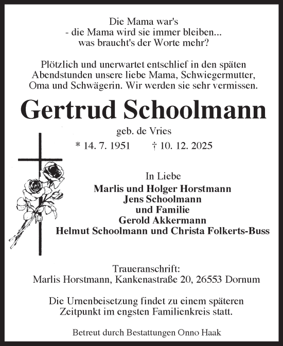 Traueranzeige von Gertrud Schoolmann von Ostfriesischer Kurier
