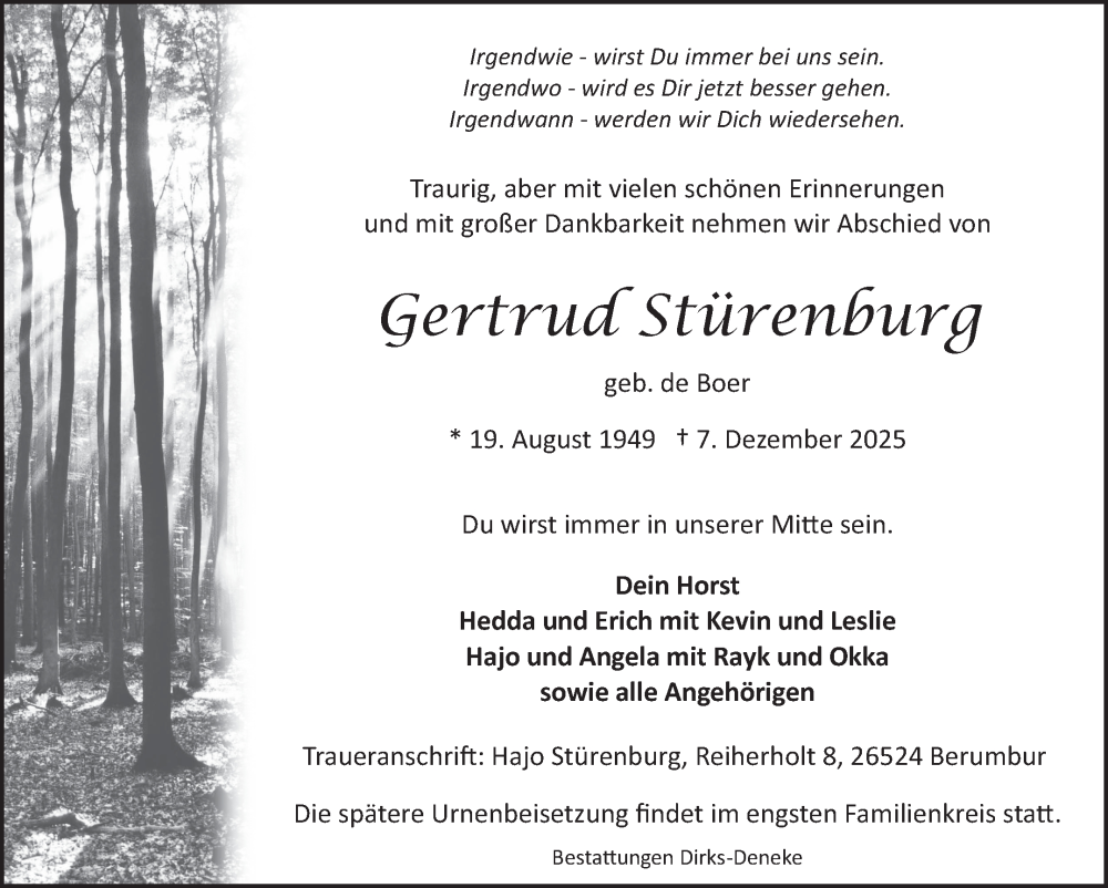  Traueranzeige für Gertrud Stürenburg vom 13.12.2025 aus Ostfriesischer Kurier