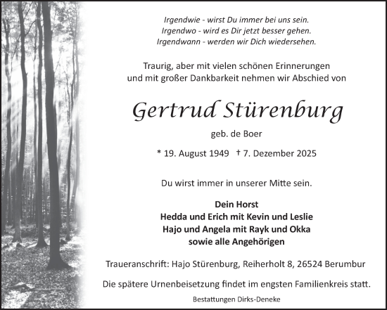 Traueranzeige von Gertrud Stürenburg von Ostfriesischer Kurier