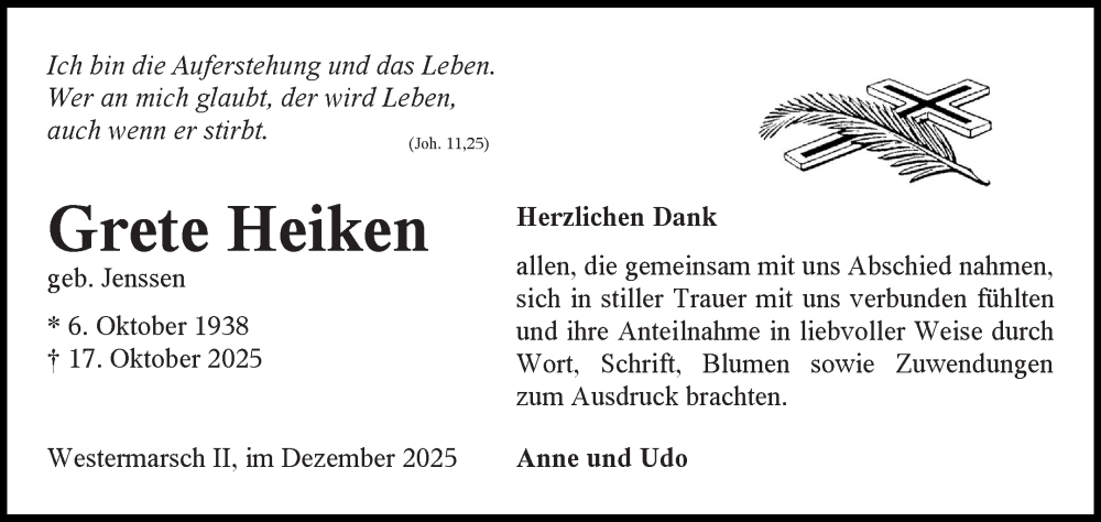  Traueranzeige für Grete Heiken vom 06.12.2025 aus Ostfriesischer Kurier